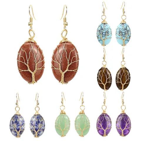 Orecchini Albero della Vita Fatti a Mano Avvolti nel Filo per Donna Placcati Oro Pietra Naturale Pendenti Ovali Gioielli Boho