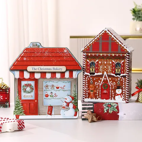 Christmas House Shaped Tinplate Storage Box Decorative Festive Themed Cookie Jar Tin Box For Gift Packaging Ornament