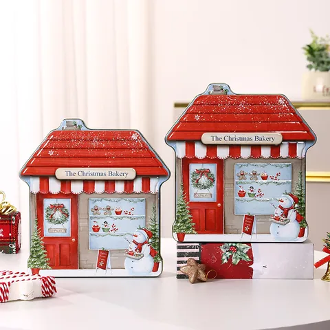Christmas House Shaped Tinplate Storage Box Decorative Festive Themed Cookie Jar Tin Box For Gift Packaging Ornament