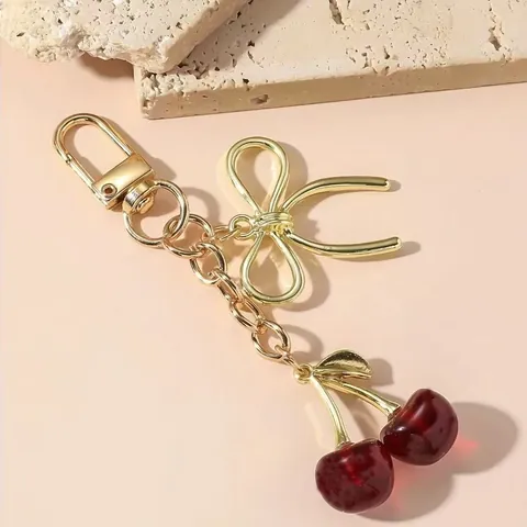 Llavero de Cereza de Fruta Dulce Lazo de Oro Colgante de Resina para Bolso Anillo de Coche para Mujeres Joyas de Moda