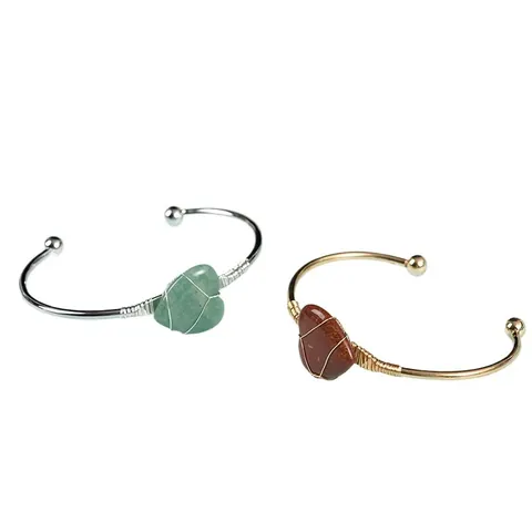 Handgefertigt Gewebt Herz Naturstein Offenes Armband Für Damen Gold Silber Plattiert Grün Aventurin Tigerauge Herz Armreif Schmuck
