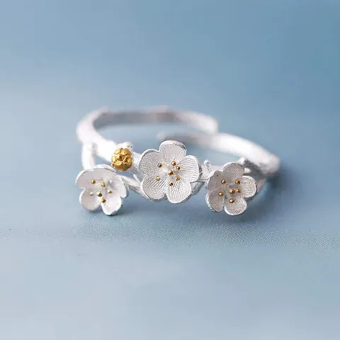 Anillo Abierto Vintage Color Plata Flor de Ciruelo para Mujer Textura de Rama Artística Floral Ajustable Joyería