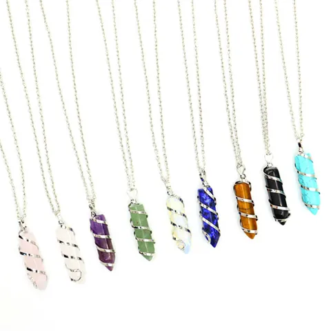Natürliche Kristall Sechseckige Säule Anhänger Halskette Schlange Spirale Draht Umwickelt Heilstein Schmuck Für Damen Herren Geschenk