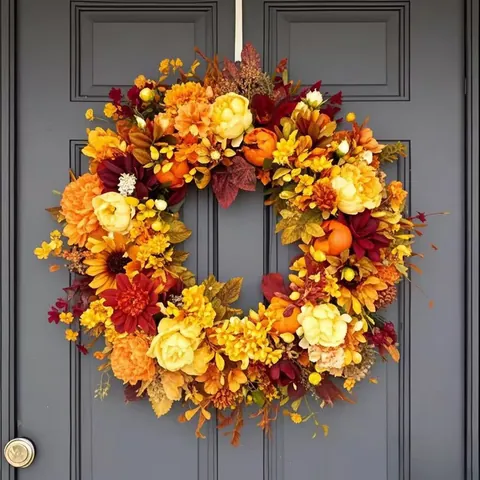 Autumn Harvest Pumpkin Wreath For Halloween Thanksgiving Decoration With Maple Leaf Sunflower Artificial Berry Home Decor