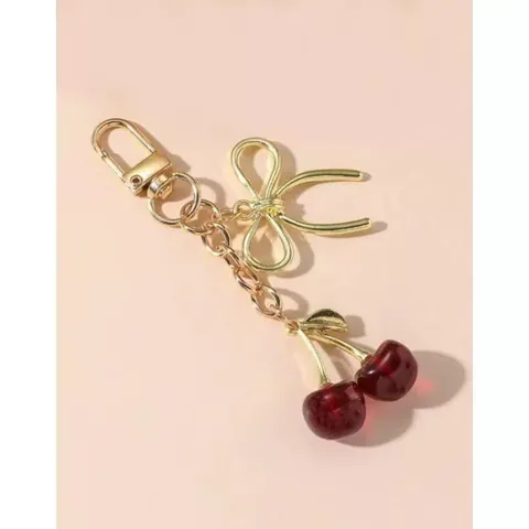 Llavero de Cereza de Fruta Dulce Lazo de Oro Colgante de Resina para Bolso Anillo de Coche para Mujeres Joyas de Moda