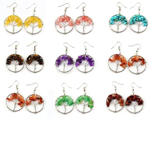 Hand Wrapped Silver Tree of Life Dangle Earrings Natural Healing Crystal Stone Chips Wire Wrapped Round Hoop Earrings Bohemian Jewelry For Women