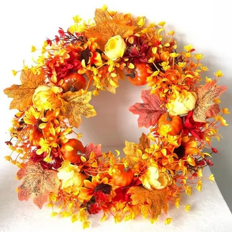 Autumn Harvest Pumpkin Wreath For Halloween Thanksgiving Decoration With Maple Leaf Sunflower Artificial Berry Home Decor