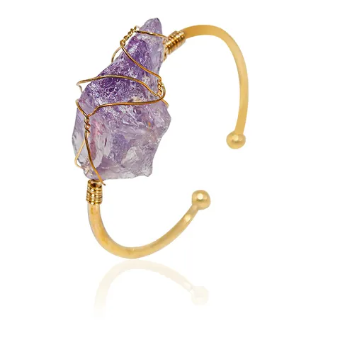 Natural Crystal Raw Stone Wire Wrapped Bracelet Irregular Gemstone Gold Plated Handmade Open Adjustable Bangle Boho Jewelry
