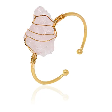 Natural Crystal Raw Stone Wire Wrapped Bracelet Irregular Gemstone Gold Plated Handmade Open Adjustable Bangle Boho Jewelry