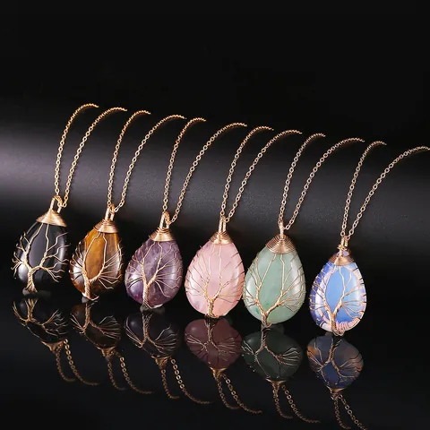 Collar Con Colgante De Gota Árbol De La Vida Piedra Natural Cristal Envuelto En Alambre Joyería De Energía Mujeres