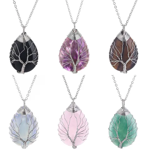 Collar Con Colgante De Gota Árbol De La Vida Piedra Natural Cristal Envuelto En Alambre Joyería De Energía Mujeres
