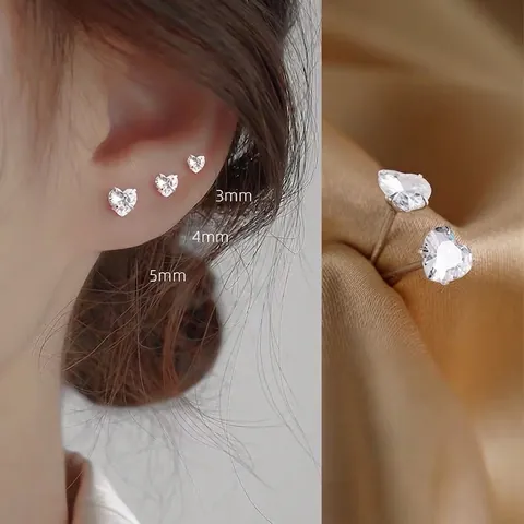 Simple S999 Sterling Silver Heart Shaped Zirconia Stud Earrings For Women Minimalist Elegant Small Sweet Heart Jewelry Gift