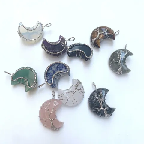 Handmade Wire Wrapped Natural Stone Crystal Moon Pendant Only Tree Of Life Crescent Moon Pendant For Women Retro Bohemian Jewelry Accessory