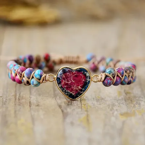 Imperial Stone Heart Handmade Woven Bracelet Bohemian Double Layer Adjustable Natural Stone Bead Wristband Ethnic Jewelry Gift