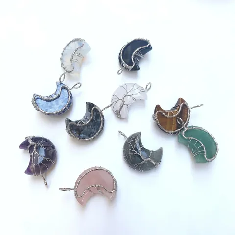 Handmade Wire Wrapped Natural Stone Crystal Moon Pendant Only Tree Of Life Crescent Moon Pendant For Women Retro Bohemian Jewelry Accessory