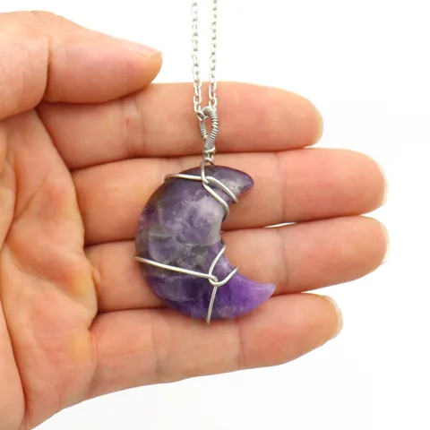Handmade Wire Wrapped Crescent Moon Pendant Necklace Natural Gemstone Healing Crystal Bohemian Jewelry For Women