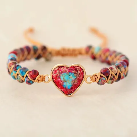 Imperial Stone Heart Handmade Woven Bracelet Bohemian Double Layer Adjustable Natural Stone Bead Wristband Ethnic Jewelry Gift