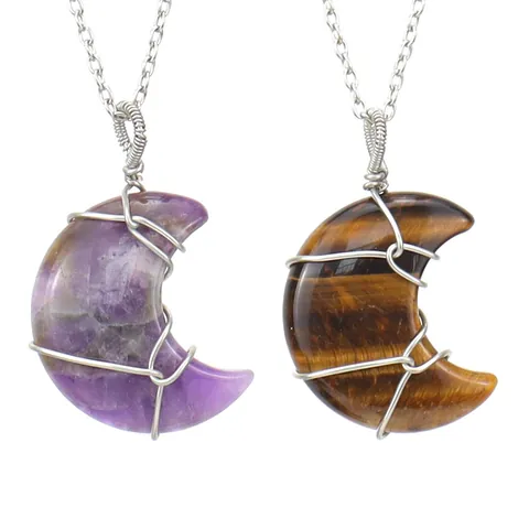 Handmade Wire Wrapped Crescent Moon Pendant Necklace Natural Gemstone Healing Crystal Bohemian Jewelry For Women
