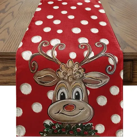 Linen Table Runner Christmas Decor Reindeer Buffalo Plaid Snowman Patterns For Holiday Dining Room Party Home Table Decoration