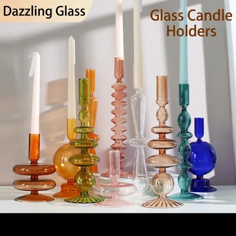 Nordic Creative Colorful Borosilicate Glass Candle Holder Ins Style Hand Blown Glass Candlestick Geometric Home Decor Table Ornament