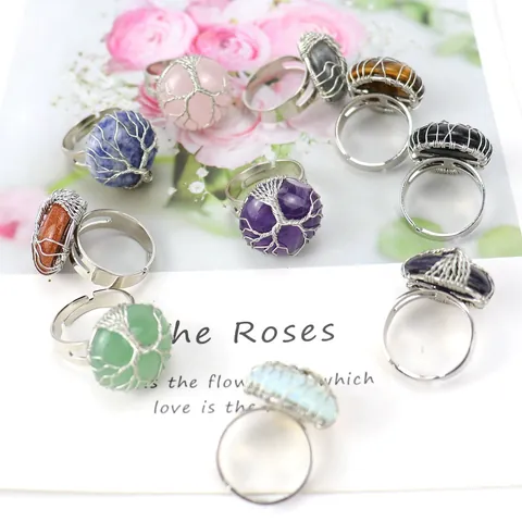 Handmade Tree of Life Ring Wire Wrapped Round Natural Stone Adjustable Open Finger Ring for Women Bohemian Jewelry Gift