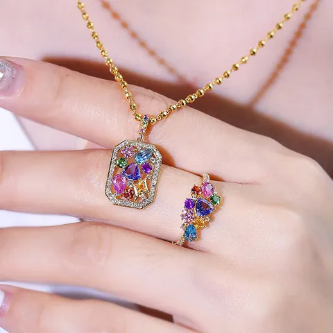 Bijoux de Luxe Jardin Secret Pendentif Coloré en Strass Collier Bague Réglable Plaqué Or Accessoire Floral Bijoux Femme