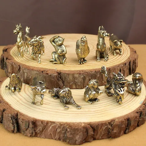 Vintage Brass Twelve Chinese Zodiac Animal Figurines Dragon Tiger Snake Horse Goat Monkey Rooster Dog Pig Rat Ox Rabbit Desk Ornaments Antique Bronze Sculpture Home Decor