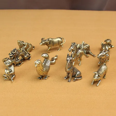 Vintage Brass Twelve Chinese Zodiac Animal Figurines Dragon Tiger Snake Horse Goat Monkey Rooster Dog Pig Rat Ox Rabbit Desk Ornaments Antique Bronze Sculpture Home Decor