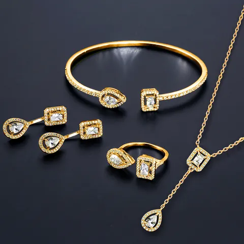 Luxus Kupfer Zirkonia Wassertropfen Halskette Armband Ring Ohrringe Minimalistisch Mikro Eingelegter Brautschmuck Für Bankett Damen
