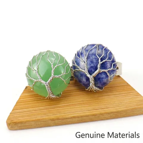 Handmade Tree of Life Ring Wire Wrapped Round Natural Stone Adjustable Open Finger Ring for Women Bohemian Jewelry Gift