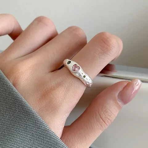 Sweet Pink Heart Open Ring For Women Korean Style Silver Plated Copper Adjustable Finger Ring Individual Creative Jewelry