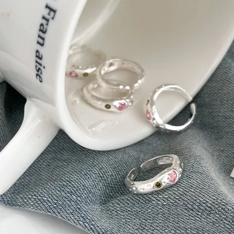 Sweet Pink Heart Open Ring For Women Korean Style Silver Plated Copper Adjustable Finger Ring Individual Creative Jewelry