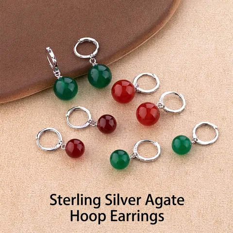 925 Sterling Silver Agate Earrings Vintage Red Green Gemstone Ear Buckle Earrings For Women Mother's Day Jewelry Gift