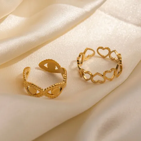 Women Minimalist Stainless Steel Eighteen K Gold Plated Adjustable Open Ring Hollow Heart And Evil Eye Design Fashion Finger Jewelry