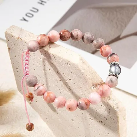 Natural Stone Beaded Bracelet Pink Zebra Jasper Moonstone Handmade Woven Adjustable Wristband For Graduation Gift Women Men Jewelry