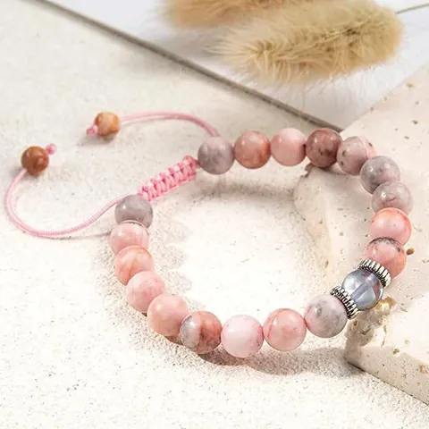 Natural Stone Beaded Bracelet Pink Zebra Jasper Moonstone Handmade Woven Adjustable Wristband For Graduation Gift Women Men Jewelry