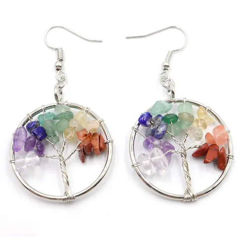 Lebensbaum Ohrringe Für Damen Natürliche Kristallchips Drahtumwickelte Hängeohrringe Handgefertigter Boho Silberschmuck