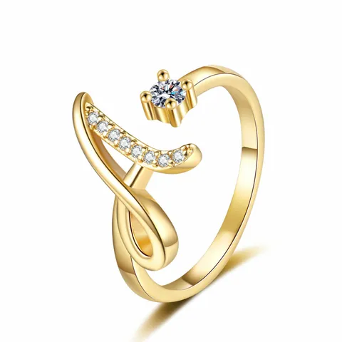 Elegant 26 Initial Letters Zirconia Adjustable Opening Ring For Women Men Copper Gold Plated Inlaid Jewelry Finger Ring Gift