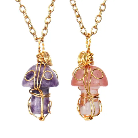 Handgefertigte Pilz Anhänger Halskette Naturstein Kristall Draht Umwickelt Pilz Charme Halskette Für Damen Boho Schmuck