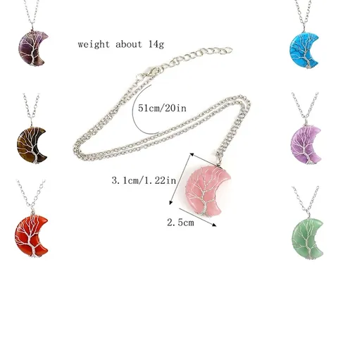Handgefertigt Drahtgewickelt Lebensbaum Mond Anhänger Halskette Naturstein Synthetischer Kristall Boho Schmuck Für Damen Geschenk