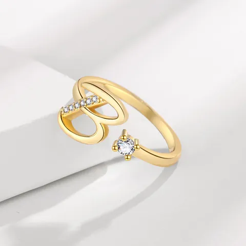 Elegant 26 Initial Letters Zirconia Adjustable Opening Ring For Women Men Copper Gold Plated Inlaid Jewelry Finger Ring Gift