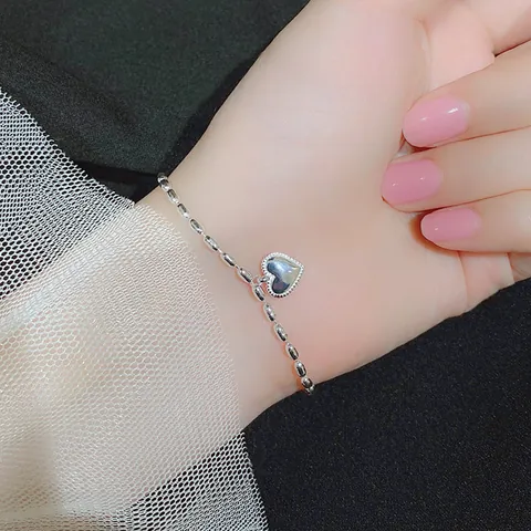 Pulsera Minimalista de Acero de Titanio con Cuentas de Grano de Arroz y Corazón para Mujer Dulce Pulsera de Cadena con Colgante de Corazón