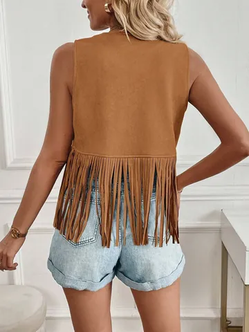 Gilet da Donna con Frange in Finta Pelle Scamosciata Hippie Boho Giacca Senza Maniche con Nappine con Borchie Aperto Davanti Top