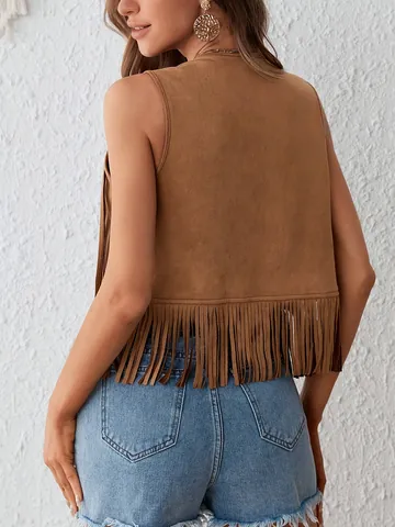 Women Bohemian Fringe Vest Hippie Sleeveless Open Front Tassel Waistcoat Faux Suede Look Rivet Embellished Casual Top