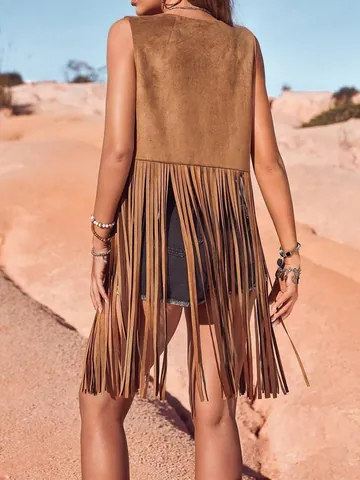 Women Long Faux Suede Tassel Vest Sleeveless Hippie Fringe Cardigan Open Front Waistcoat Bohemian Western Cowboy Style Top
