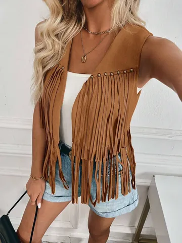 Gilet da Donna con Frange in Finta Pelle Scamosciata Hippie Boho Giacca Senza Maniche con Nappine con Borchie Aperto Davanti Top
