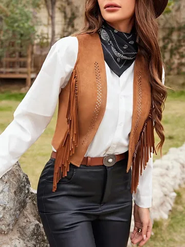 Women Faux Suede Tassel Vest Western Cowboy Hippie Style Sleeveless Open Front Hollow Out Fringed Waistcoat Top