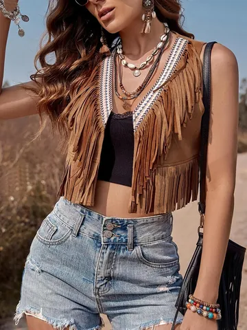Women Vintage Hippie Fringed Vest Polyester Tassel Sleeveless Open Front Short Cardigan Jacket Ethnic Embroidery Boho Top