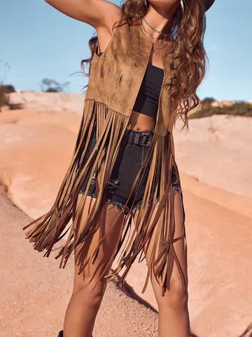 Women Long Faux Suede Tassel Vest Sleeveless Hippie Fringe Cardigan Open Front Waistcoat Bohemian Western Cowboy Style Top