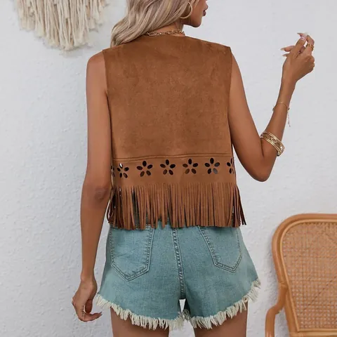 Women's Bohemian Faux Suede Tassel Vest Hollow-out Sleeveless Open Front Short Cardigan Waistcoat For Beach Casual Farm